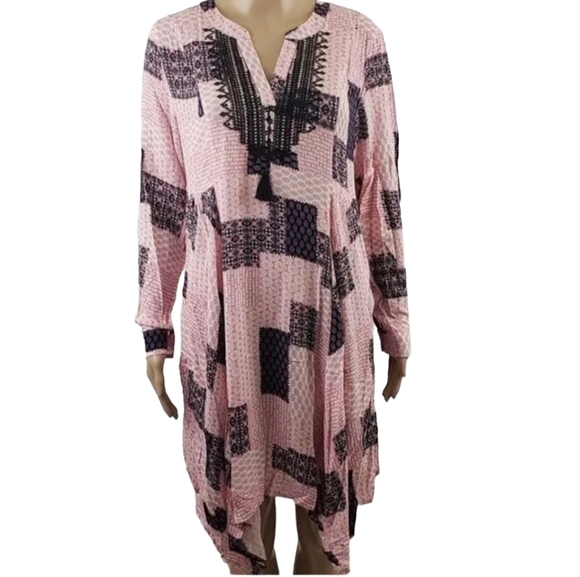 Boutique Patchwork Asymmetrical Midi Dress Pink Bohemian Print Gauze V-Neck - Picture 4 of 6